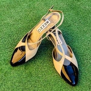 Vintage Mezzo Ivory Colorblock Patent Cap Toe Sz6 Adj Slingback Pumps Shoes NOS